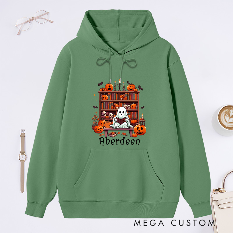 Personalized Ghost Book Reader Classic Hoodies Custom Book Lover Hoodies with Name Reading Hoodies Halloween Hoodies Librarian Gift Reader Gift