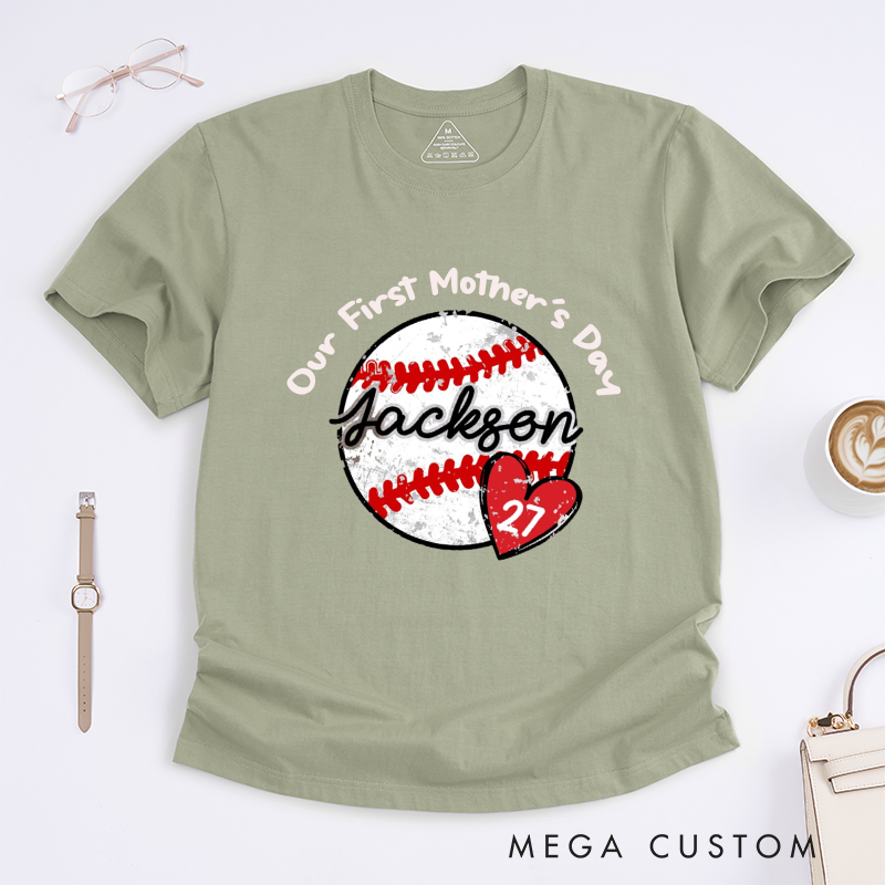 Personalized Our First Mother's Day Cute Baseball Fan Gift Heart Design Classic T-shirt