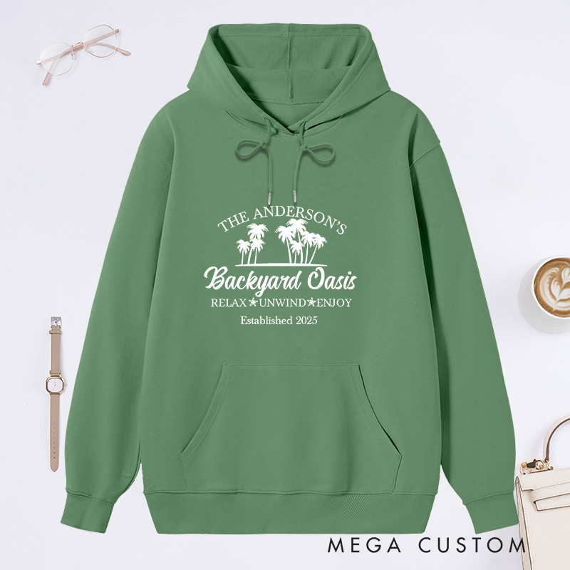 Personalized Hoodie Backyard Oasis Design Custom Family Name and Year Comfortable Christmas Sweatshirt for Housewarming Holiday Gift 