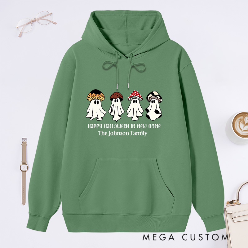 Personalized Hoodie Happy Halloween in New Home Design Custom Family Name Comfortable Sweatshirt for Housewarming Holiday Gift Halloween Theme