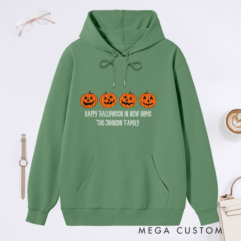 Personalized Hoodie Happy Halloween in New Home Design Custom Family Name Pumpkin Theme Comfortable Sweatshirt for Housewarming Halloween Gift