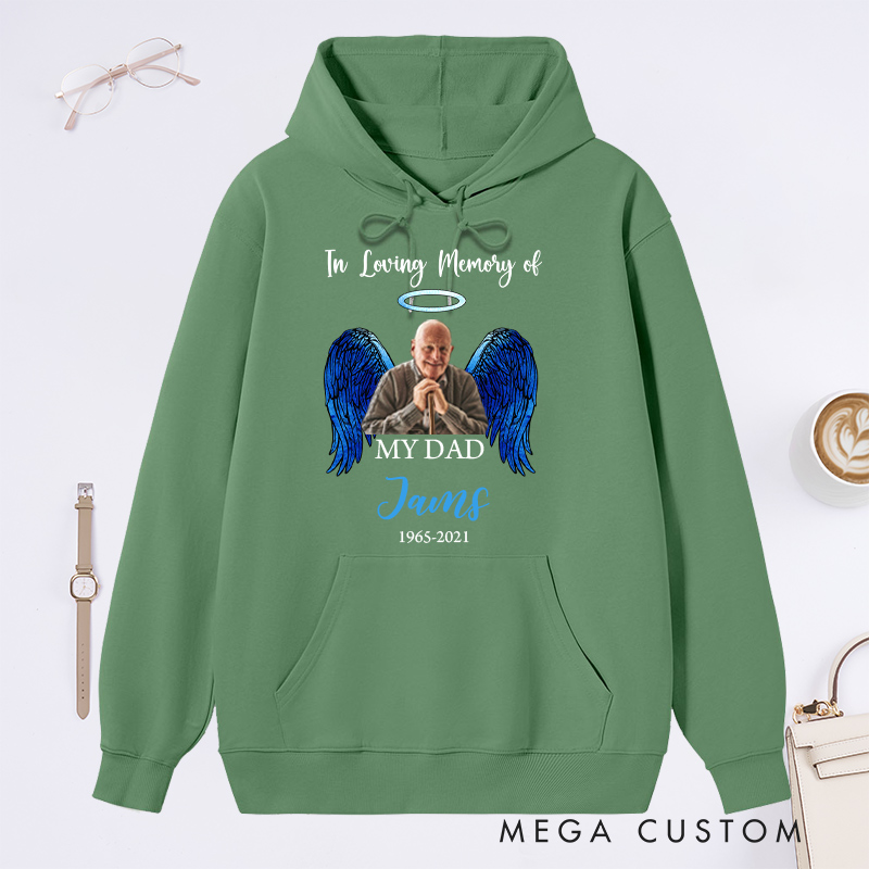 Personalized in Loving Memory Hoodie Custom Photo Name Date Sympathy Gift for Loss of Father Angel Wings Sweatshirt 
