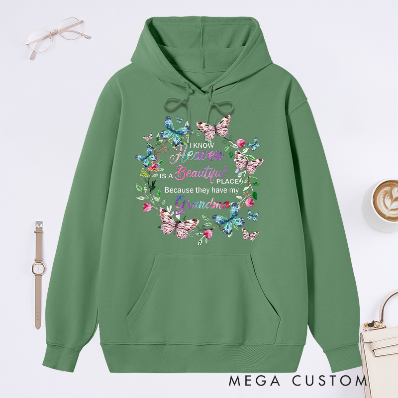 Personalized Heaven Beautiful Place Grandma Hoodie Butterfly Wreath Design Sympathy Gift for Loss of Grandma Tribute