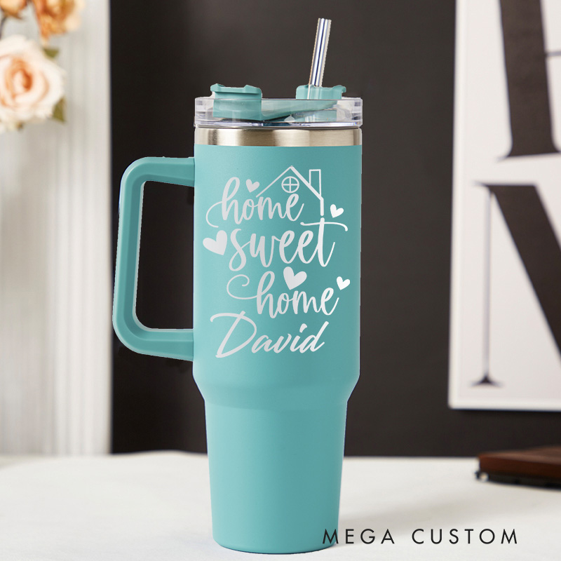 Personalized 40oz Monogram Tumbler with Name Custom Engraved Stainless Steel Cup with Handle and Straw Gift for Her Housewarming Gift Cup