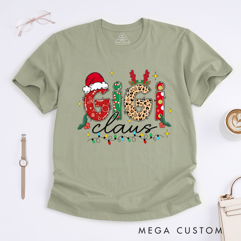 Personalized Christmas Mama Gigi Nana Claus Classic T-Shirt with Santa Hat and Reindeer Antler Decorations