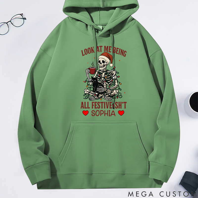 Personalized Classic Hoodie Christmas Skeleton Coffee Black Cat Theme
