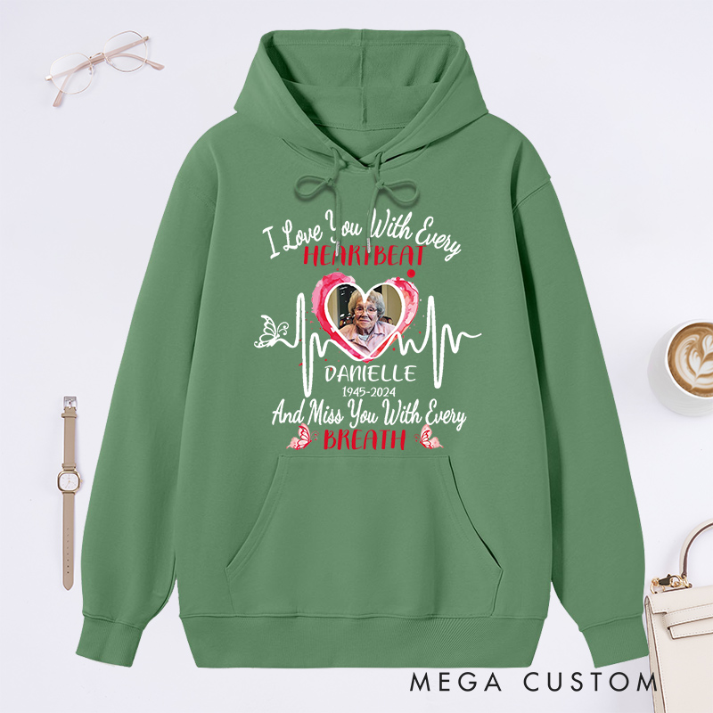 Personalized Photo Memorial Hoodie Big Piece of Heart Lives in Heaven Hoodie Gifts for Loss of Dad Mom RIP Sweatshirt Multi Color 