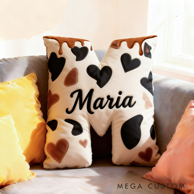 Personalized Girlfriend Brown Cow Print Heart Pillow Custom Wife Name Graphic 3D Print Cushion Valentine's Day Pillow Christmas Gift for Him Her