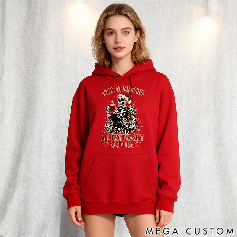 Personalized Classic Hoodie Christmas Skeleton Coffee Black Cat Theme