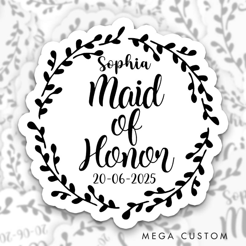 Personalized Bride Leaf Wreath Sticker Bridesmaid Bachelorette Party Sticker with Name Maid of Honor Hen Party Sticker Wedding Bridal Party Sticker