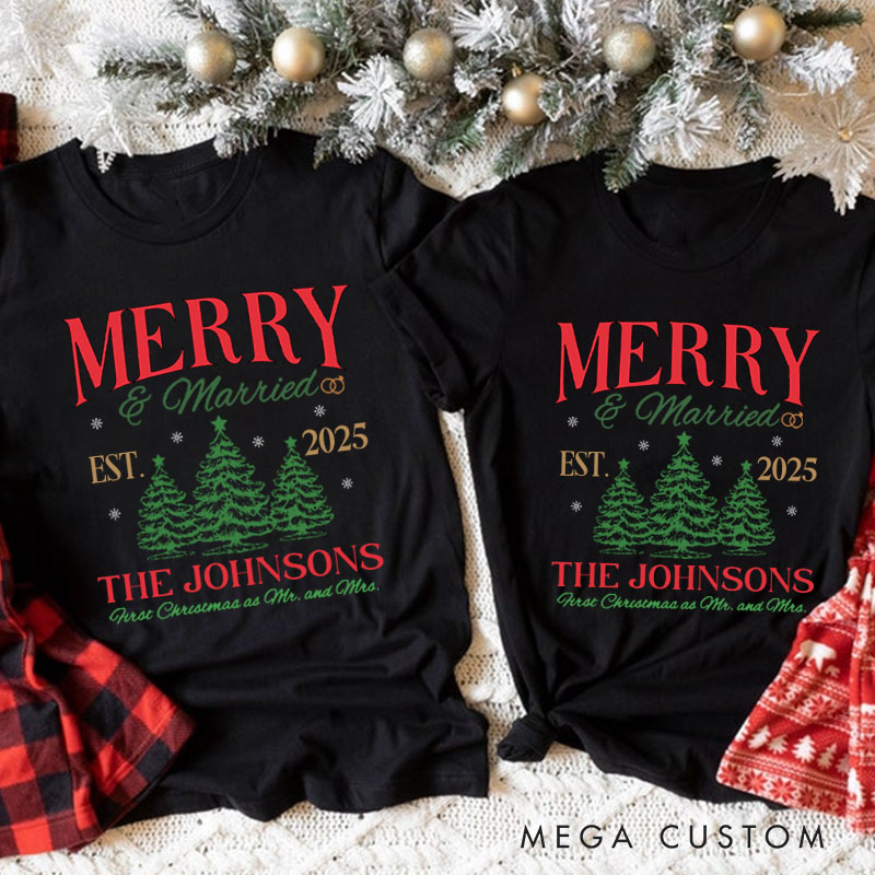 Personalized Joyful Merry and Married the First Christmas as Mr and Mrs Classic T-Shirt