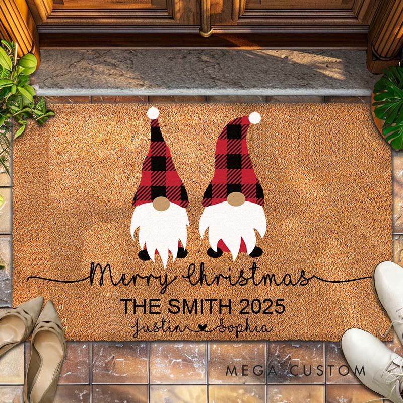 Personalized Couple Plaid Gnome Merry Christmas Doormat Custom Newlywed Name Xmas Door Mat Hubby Wifey Husband Wife Christmas Gift for Him Her