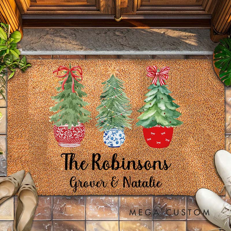 Personalized Couple Last Name with Christmas Tree Doormat Custom Newlywed First Name Xmas Door Mat Mr and Mrs Husband Wife Christmas Gift for Him Her