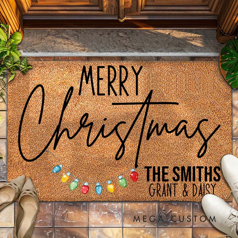 Personalized Couple Last Name with Merry Christmas Light Doormat Newlywed First Name Xmas Door Mat Mr and Mrs Husband Wife Christmas Gift for Him Her