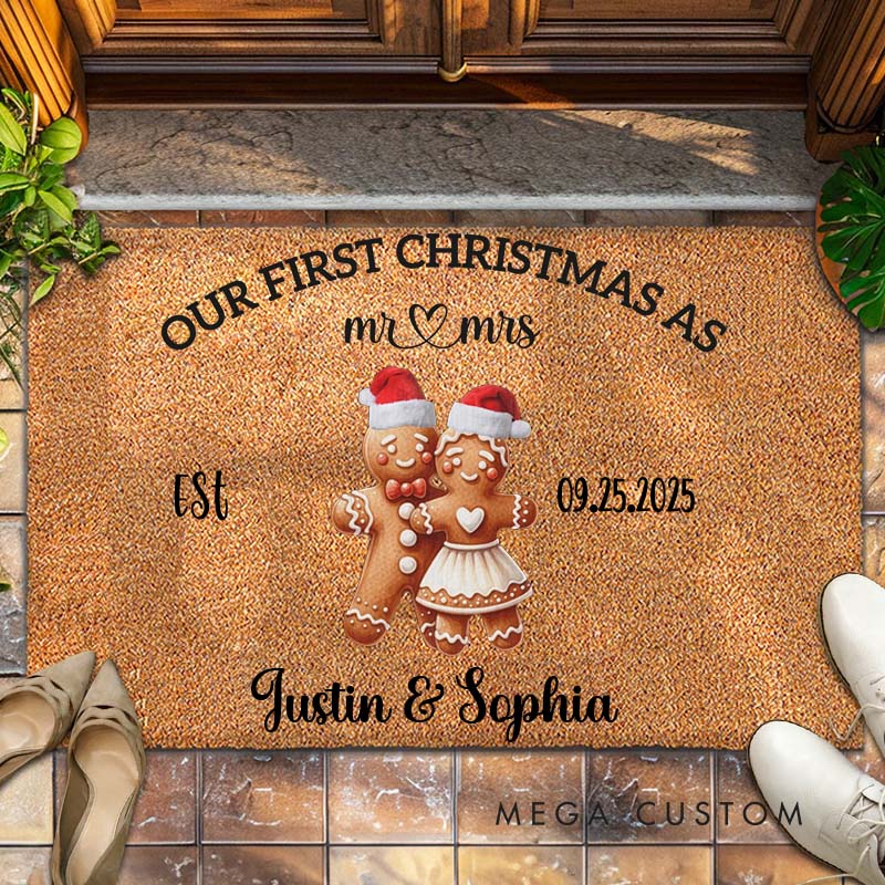 Personalized Couple Our First Christmas as Mr. and Mrs. Doormat Custom Gingerbread Newlyweds Name Xmas Doormat Husband Wife Christmas Gift for Him Her