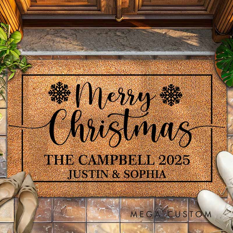 Personalized Couple Last Name Merry Christmas with Snowflake Doormat Custom Newlyweds First Name Xmas Doormat Husband Wife Christmas Gift for Him Her