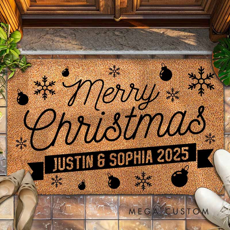 Personalized Couple Merry Christmas with Ball and Snowflake Doormat Newlywed Xmas Doormat Husband Wife Boyfriend Girlfriend Christmas Gift for Him Her