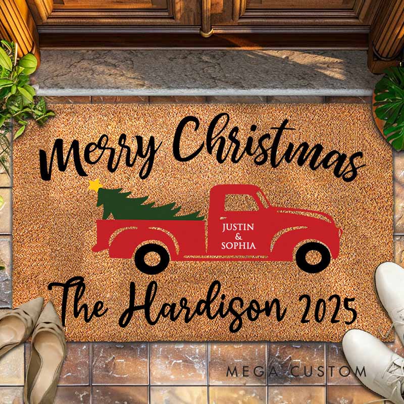 Personalized Couple Merry Christmas with Truck and Tree Doormat Newlywed Last Name Xmas Doormat Husband Wife Name Doormat Christmas Gift for Him Her