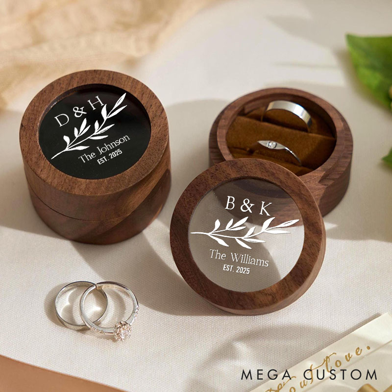 Personalized Couple Wedding Leaf Wooden Ring Box Newlyweds Initials Last Name Round Ring Box with Acrylic Cover Engagement Ring Box Husband Wife Gift