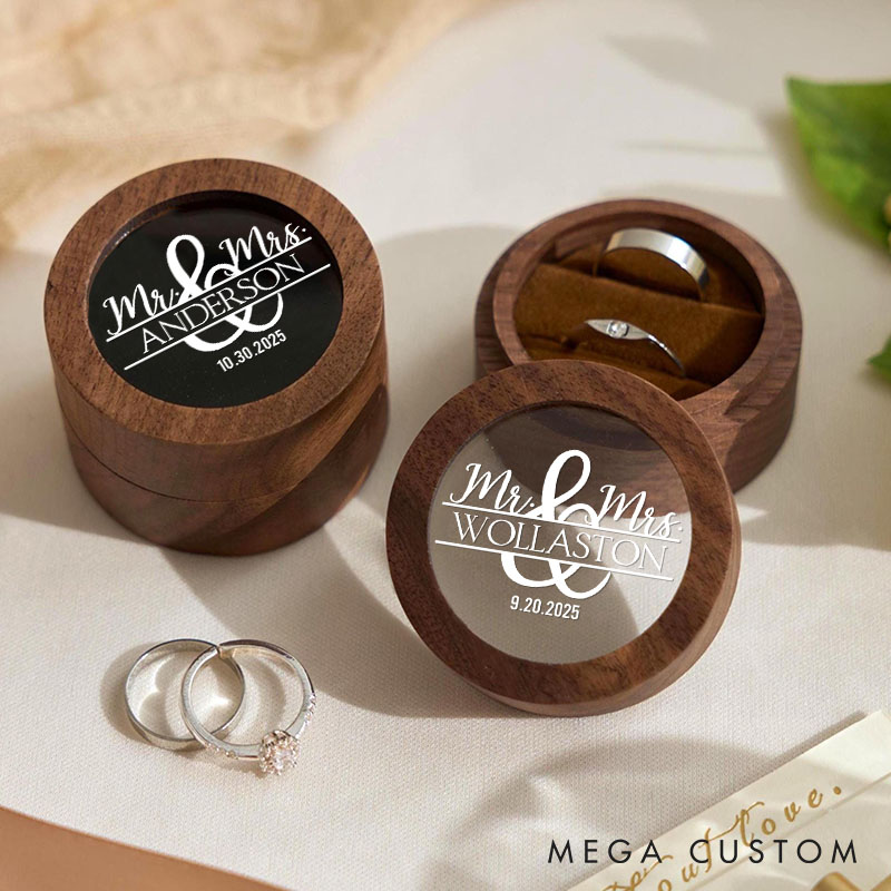 Personalized Couple Wedding Mr and Mrs Wooden Ring Box Newlyweds Last Name Round Ring Box with Acrylic Cover Engagement Ring Box Husband Wife Gift