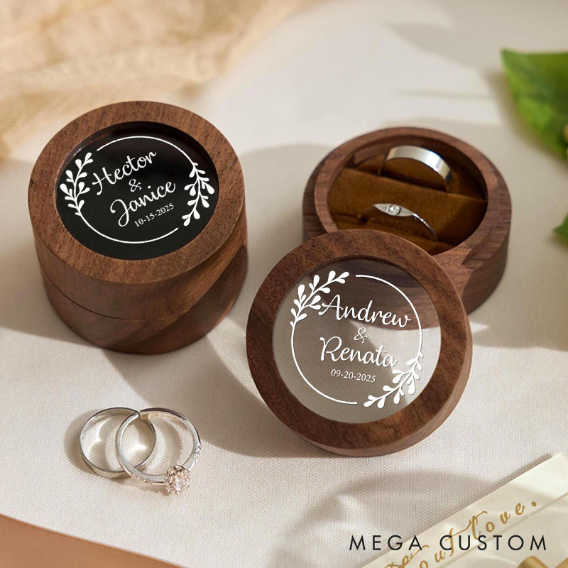 Personalized Couple Wedding Eucalyptus Leaf Wreath Wooden Ring Box Newlyweds Round Ring Box with Acrylic Cover Engagement Ring Box Husband Wife Gift