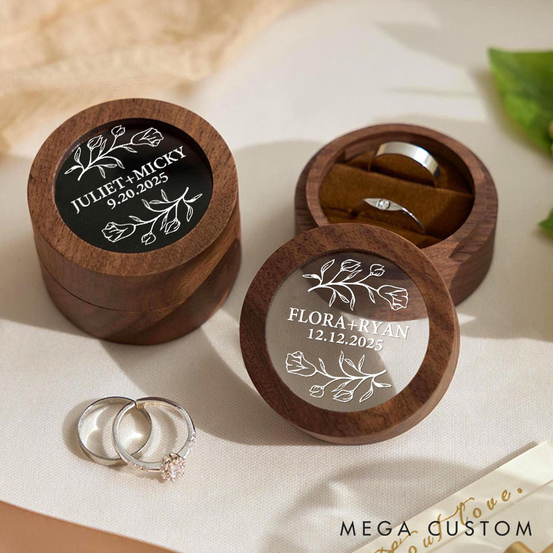 Personalized Couple Wedding Rose Wreath Wooden Ring Box Custom Newlyweds Name Round Ring Box with Acrylic Cover Engagement Ring Box Husband Wife Gift