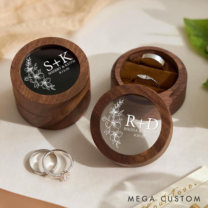 Personalized Couple Wedding Romantic Floral Wooden Ring Box Newlyweds Initials Name Round Ring Box with Acrylic Cover Husband Wife Engagement Ring Box