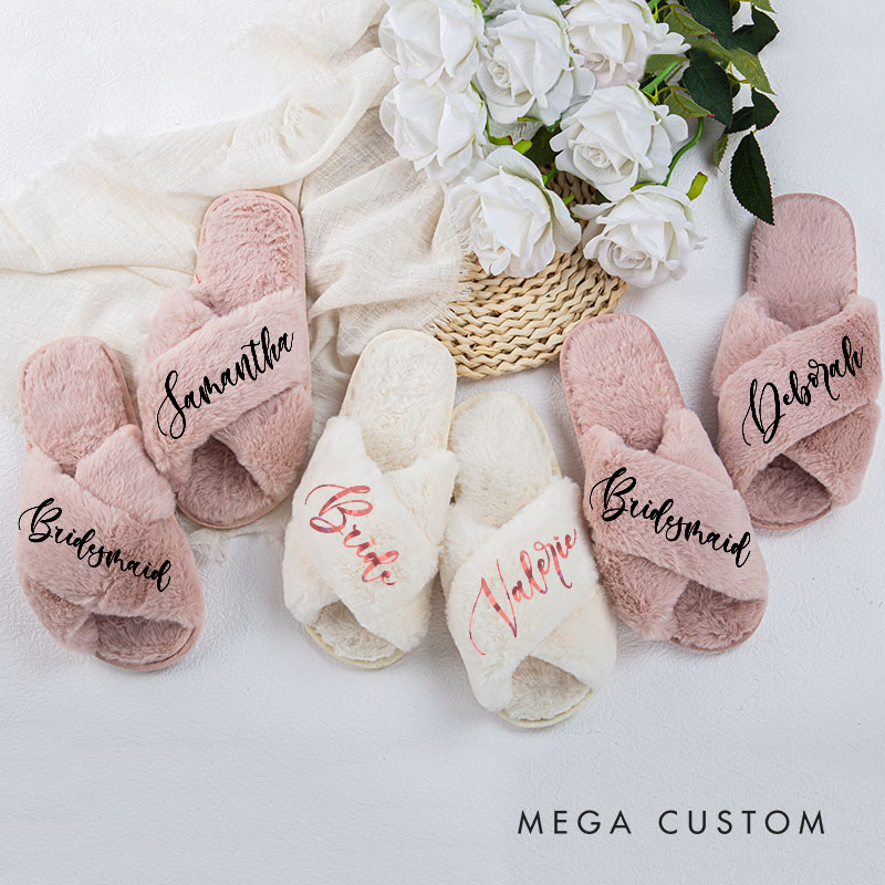 Personalized Elegant Bridesmaid Fluffy Slippers with Name Custom Bride Name Slipper Maid of Honor Slippers Bridal Shower Gift Bachelorette Party Gift