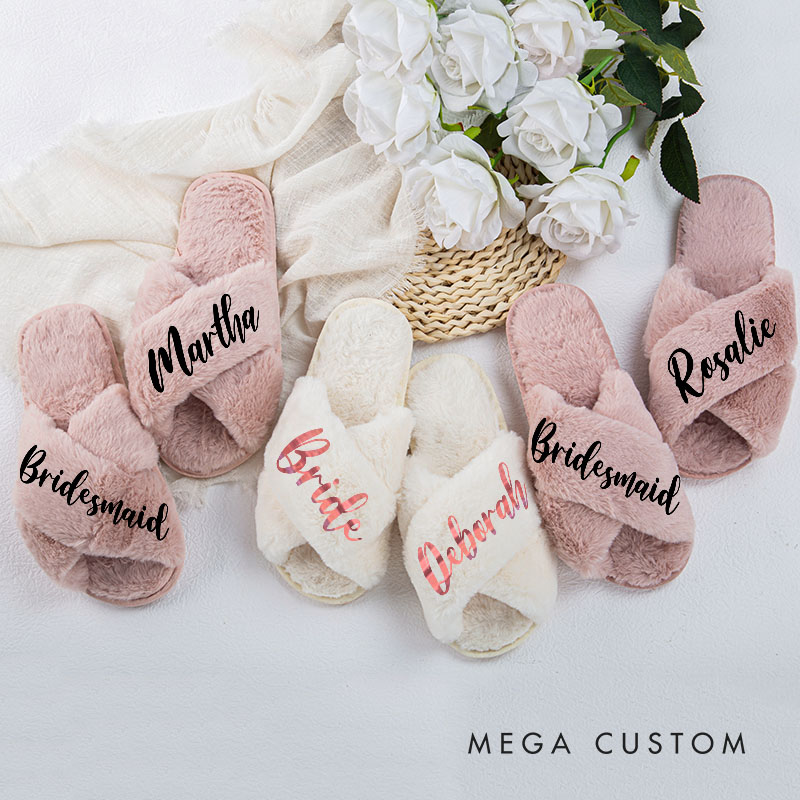 Personalized Stylish Bridesmaid Fluffy Slippers with Name Custom Bride Name Slipper Maid of Honor Slippers Bridal Shower Gift Bachelorette Party Gift