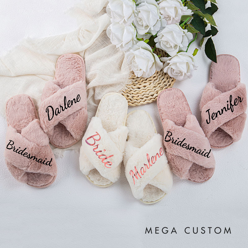 Personalized Luxurious Bridesmaid Fluffy Slippers Custom Bride Name Slipper Maid of Honor Slippers Bridal Shower Gift Bachelorette Party Gift for Her