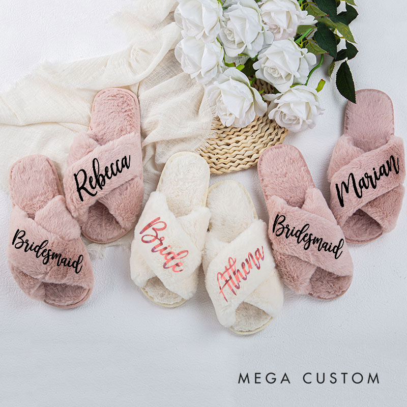 Personalized Bridesmaid Fluffy Slippers Custom Bride Name Fluffy Slipper Maid of Honor Slippers Bridal Shower Gift Bachelorette Party Gift for Her