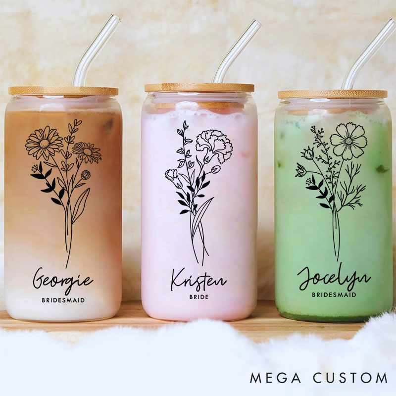 Personalized Bridesmaid Birth Flower Can Glasses with Lid and Straw Custom Bride Name Month Flower Coffee Cup Bridal Shower Bachelorette Party Gift
