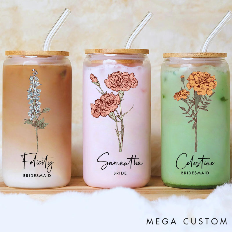 Personalized Elegant Bridesmaid Birth Flower Can Glasses with Lid and Straw Custom Bride Month Flower Coffee Cup Bridal Shower Bachelorette Party Gift