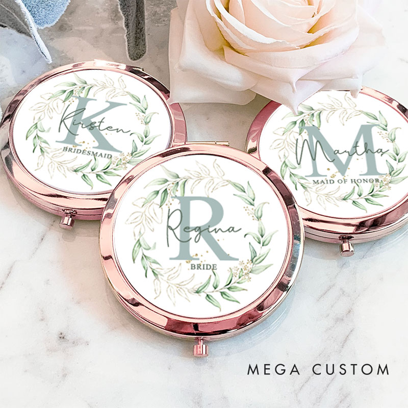 Personalized Bridesmaid Gold Leaf Round Wreath Mirror Custom Bride Name Compact Mirror Bachelorette Party Mirror Bridal Shower Gift for Her