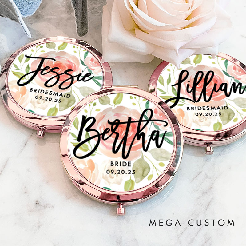 Personalized Bridesmaid Floral Mirror with Name Custom Bride Name Compact Mirror Bachelorette Party Mirror Bridesmaid Proposal Bridal Shower Gift