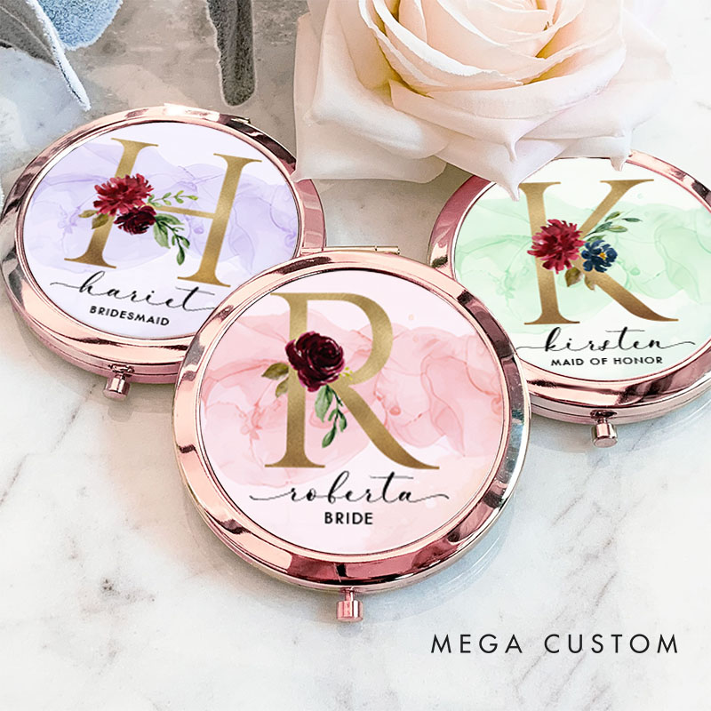 Personalized Bridesmaid Floral Initials Mirror Custom Bride Name Compact Mirror Bachelorette Party Mirror Bridesmaid Proposal Bridal Shower Gift