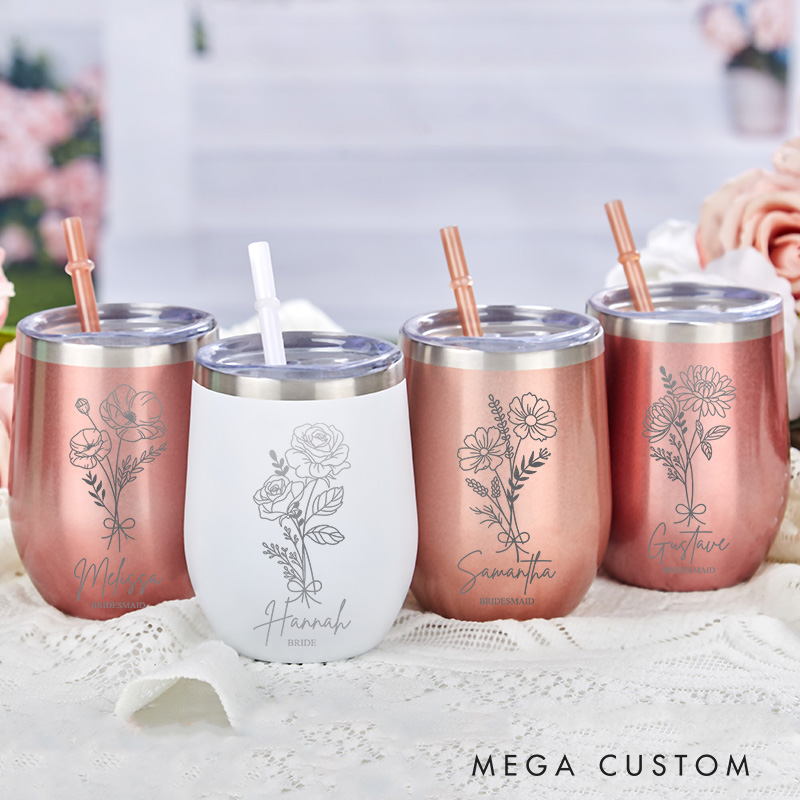 Personalized Bridesmaid Birth Flower Wine Tumbler Custom Bride Month Flower Wine Tumbler Maid of Honor Bachelorette Party Favor Bridal Shower Gift