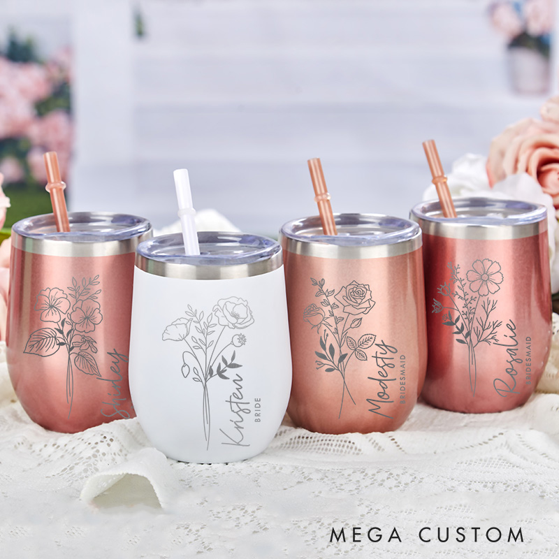 Personalized Bridesmaid Elegant Birth Flower Wine Tumbler Custom Bride Month Flower Wine Tumbler Maid of Honor Bachelorette Party  Bridal Shower Favor