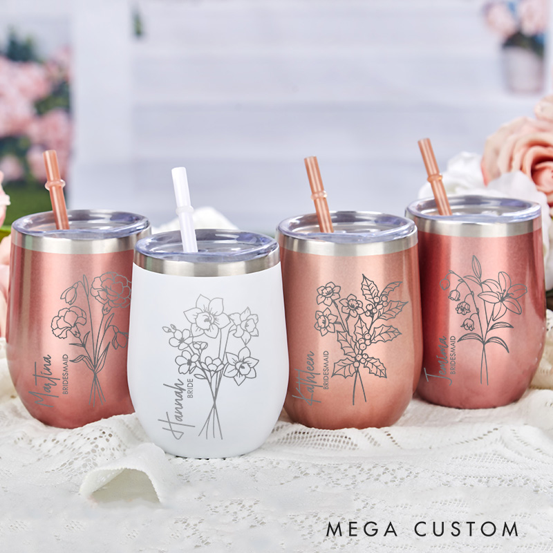 Personalized Bridesmaid Stylish Birth Flower Wine Tumbler Engraved Bride Month Flower Wine Tumbler Maid of Honor Bachelorette Party Bridal Shower Gift
