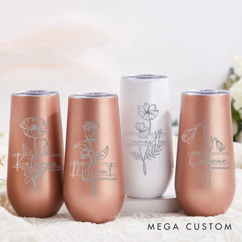 Personalized Bridesmaid Stylish Birth Flower Champagne Tumbler Custom Bride Month Flower Tumbler Bachelorette Party Favors Bridal Shower Gift for Her