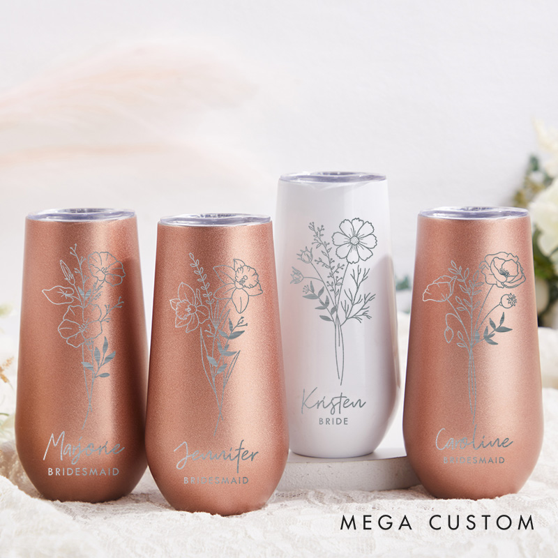 Personalized Bridesmaid Graceful Birth Flower Champagne Tumbler Custom Bride Month Flower Tumbler Bachelorette Party Favors Bridal Shower Gift for Her