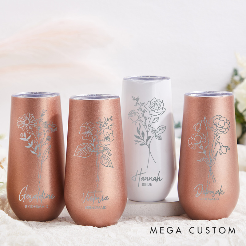 Personalized Bridesmaid Exquisite Birth Flower Champagne Tumbler Custom Bride Month Flower Tumbler Bachelorette Party Favor Bridal Shower Gift for Her