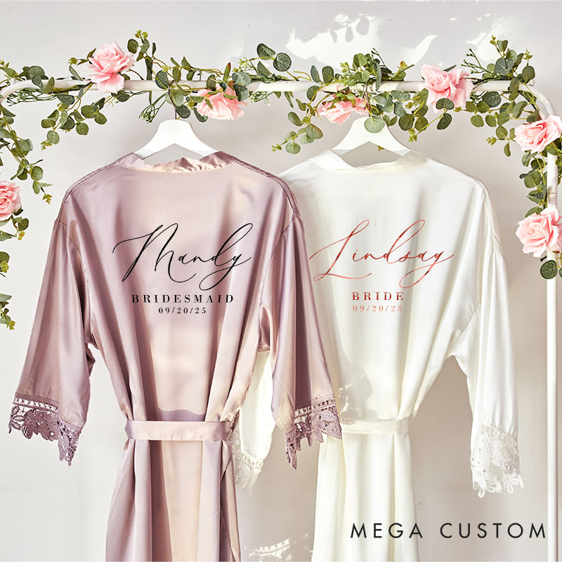 Personalized Bridesmaid Elegant Name and Date Robes Custom Bride Name Wedding Dressing Gown Maid of Honor Bachelorette Party Favors Bridal Shower Gift