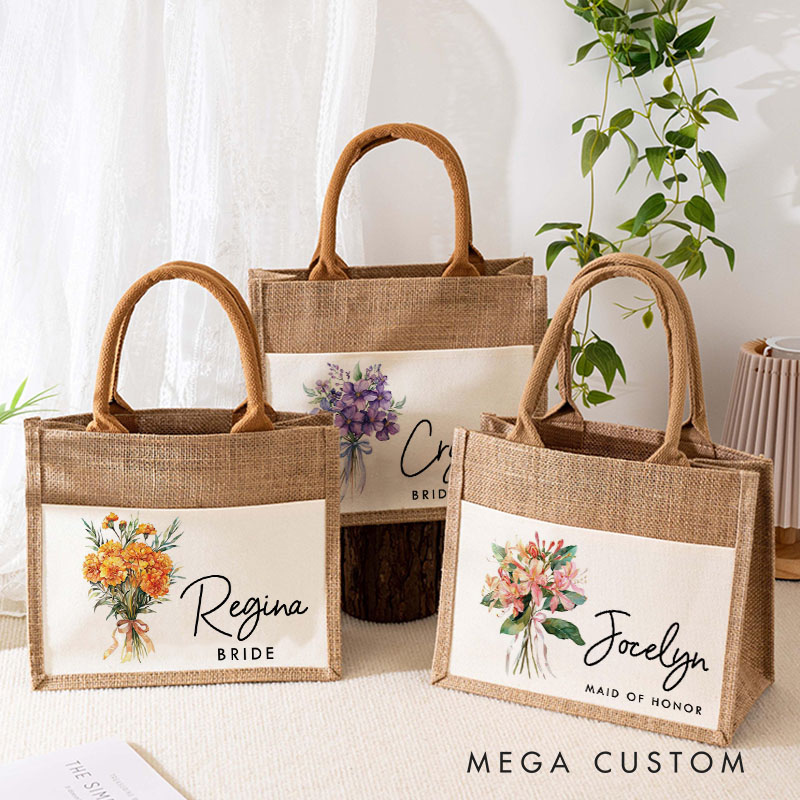 Personalized Bridesmaid Birth Flower Burlap Tote Bag Custom Bride Month Flower Wedding Beach Tote Bag Bachelorette Party Favors Bridal Shower Gift