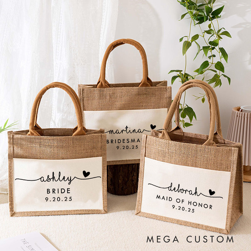 Personalized Bridesmaid Name with Heart Burlap Tote Bag Custom Bride Name and Title Wedding Beach Tote Bag Bachelorette Party Favor Bridal Shower Gift