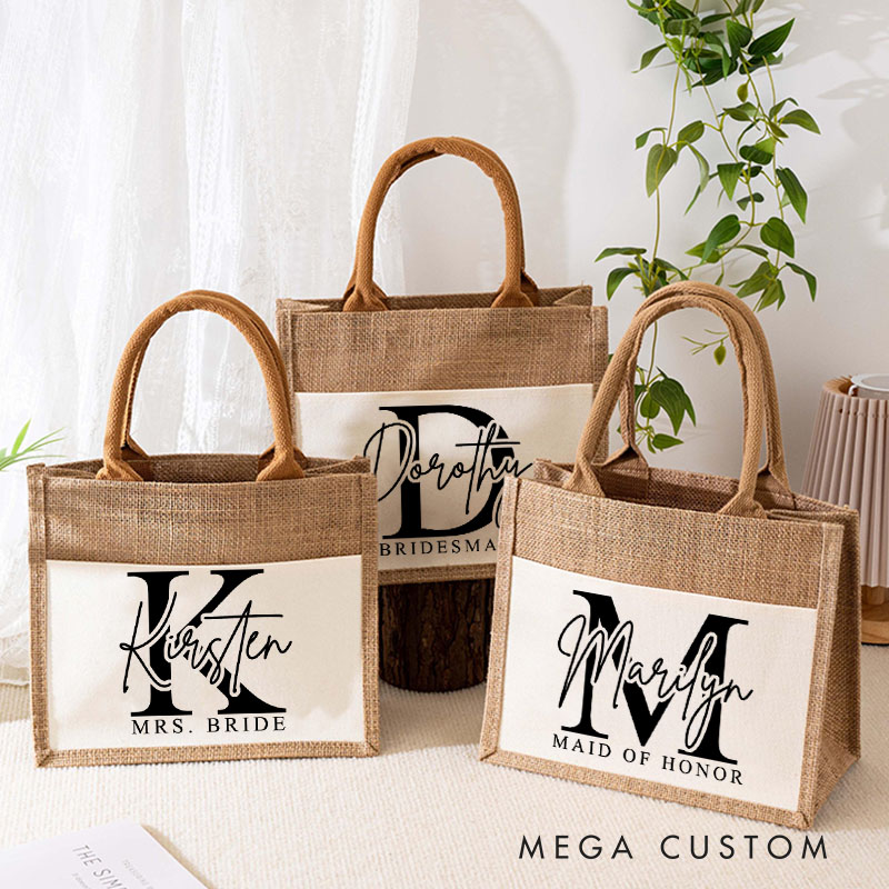 Personalized Bridesmaid Stunning Burlap Tote Bag Custom Bride Initials and Title Wedding Beach Tote Bag Bachelorette Party Favors Bridal Shower Gift