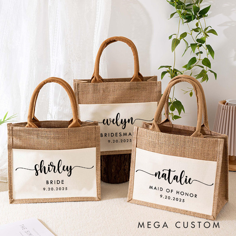 Personalized Bridesmaid Graceful Burlap Tote Bag Custom Bride Name and Title Wedding Beach Tote Bag Bachelorette Party Favors Bridal Shower Gift