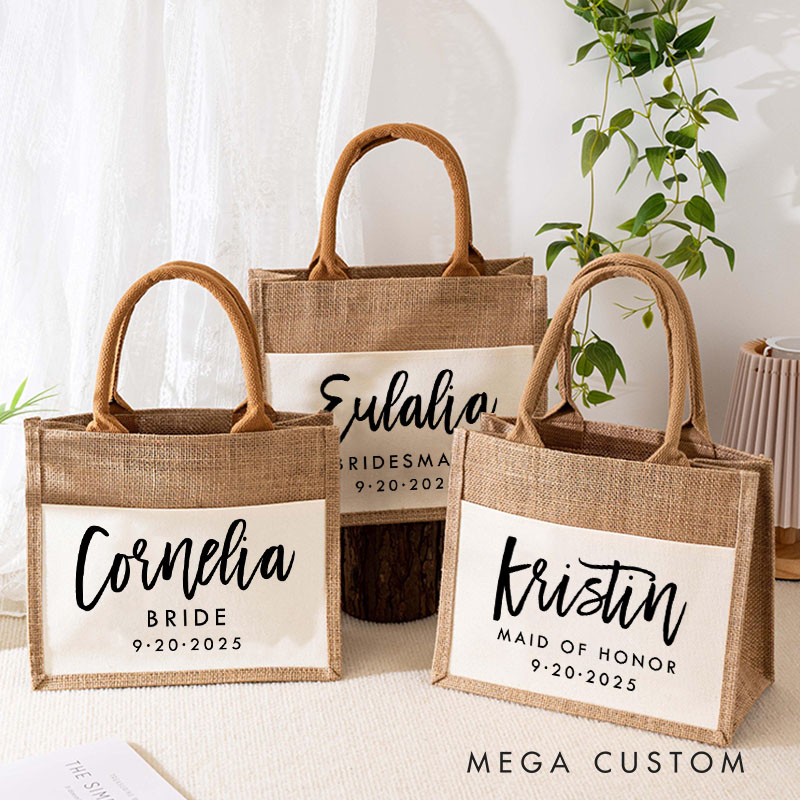 Personalized Bridesmaid Boho Name Burlap Tote Bag Custom Bride Name and Title Wedding Beach Tote Bag Bachelorette Party Favors Bridal Shower Gift