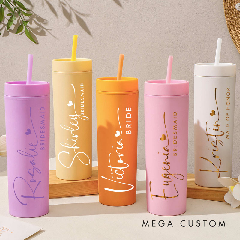 Personalized Elegant Bridesmaid 16oz Skinny Tumbler Custom Bride Name with Heart Wedding Tumbler Maid of Honor Bachelorette Party Bridal Shower Gift