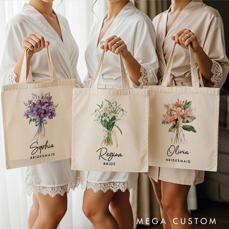 Personalized Bridesmaid Birth Flower Canvas Tote Bag Bride Month Flower Wedding Beach Tote Bag Maid of Honor Bachelorette Party Bridal Shower Gift